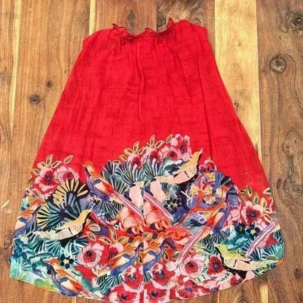 Anthropologie Deletta Sleeveless Top Red Floral Birds size Small